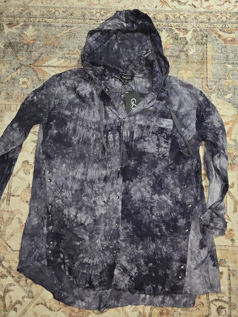 Gigio Women's Navy Tie-Dye Hooded Button-Front Blouse